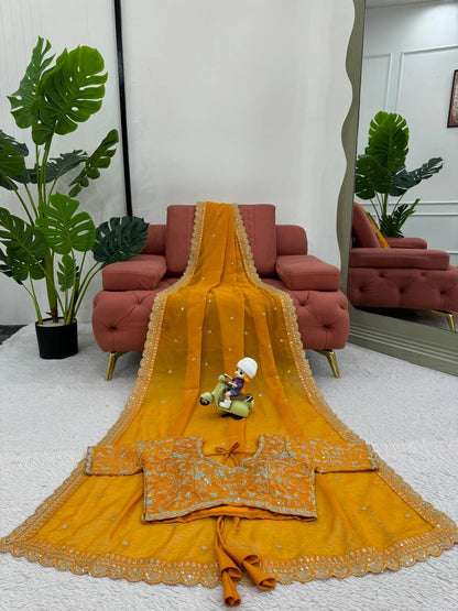 Mustard Heavy Tabby Silk Saree