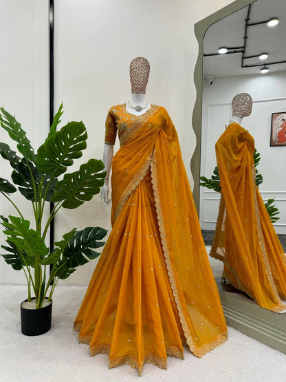 Mustard Heavy Tabby Silk Saree
