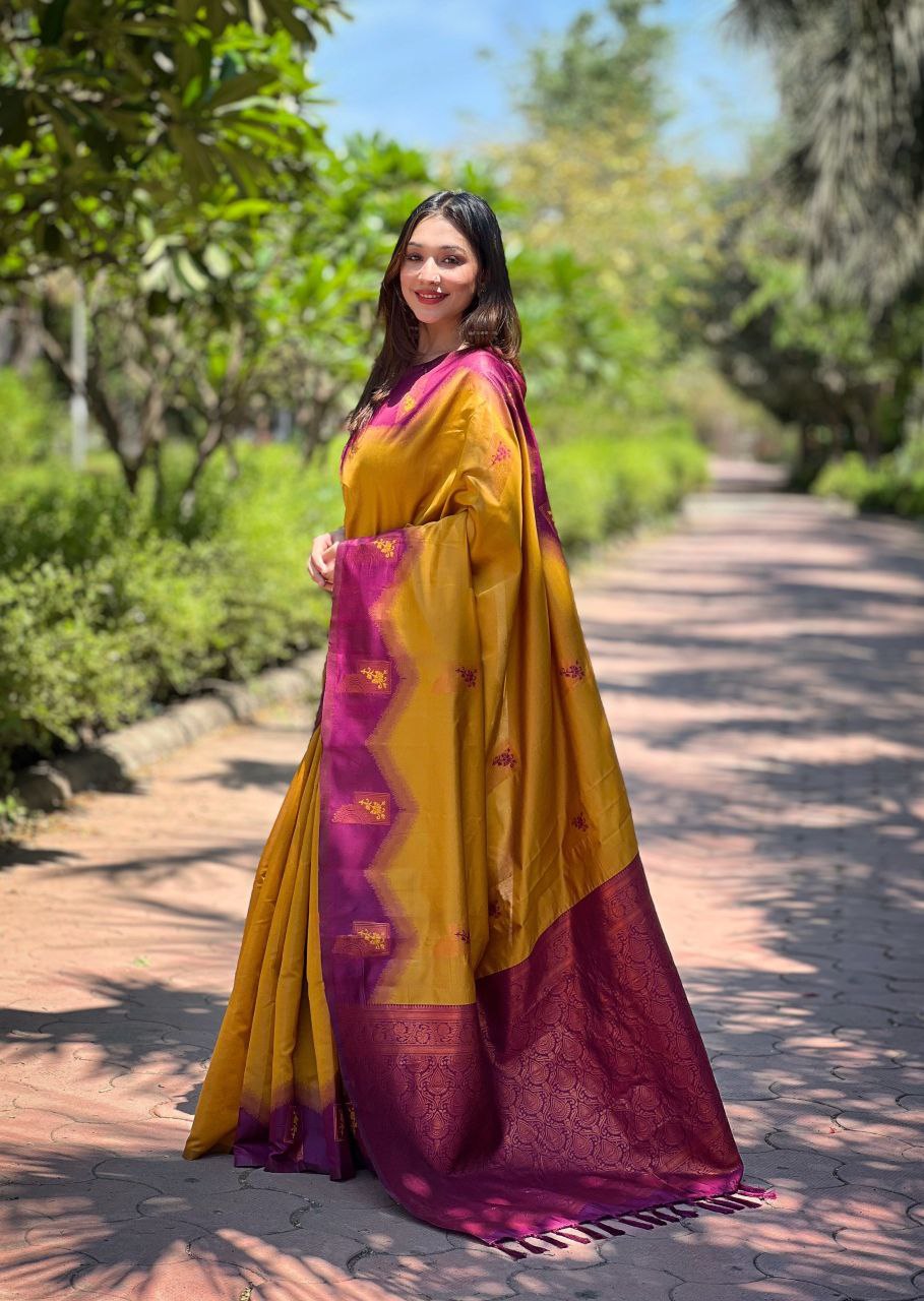 Mustard Kanjivaram Pattu Zari Silk Saree