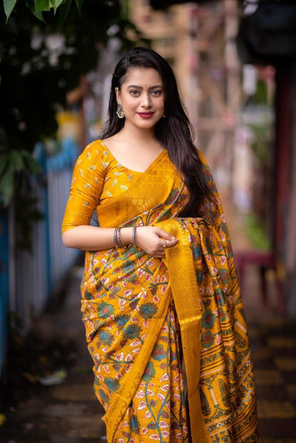 Mustard Slub Silk Kalamkari Printed Saree