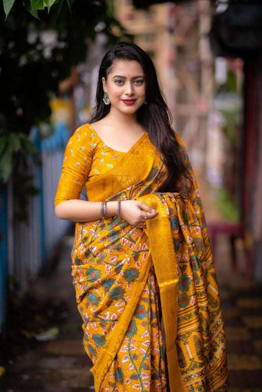 Mustard Slub Silk Kalamkari Printed Saree