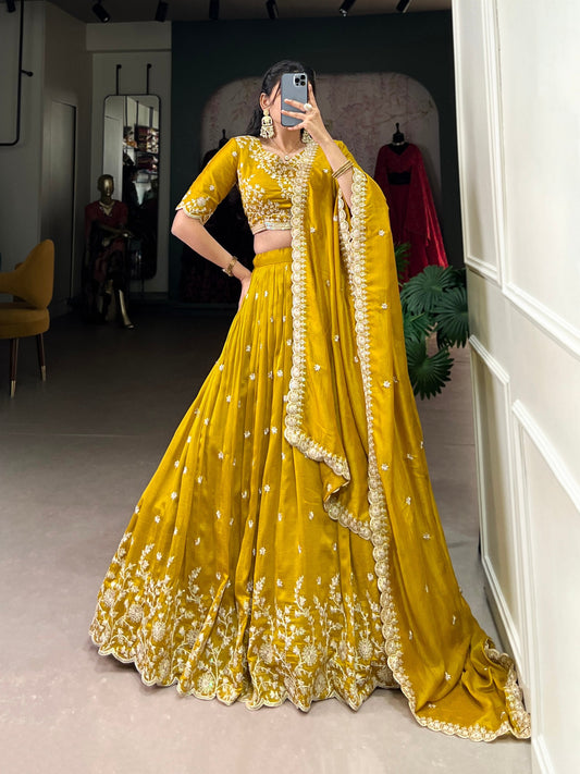 Mustard Vichitra Silk Lehenga For Wedding
