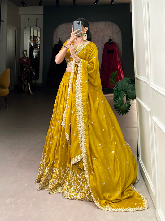Mustard Vichitra Silk Lehenga For Wedding
