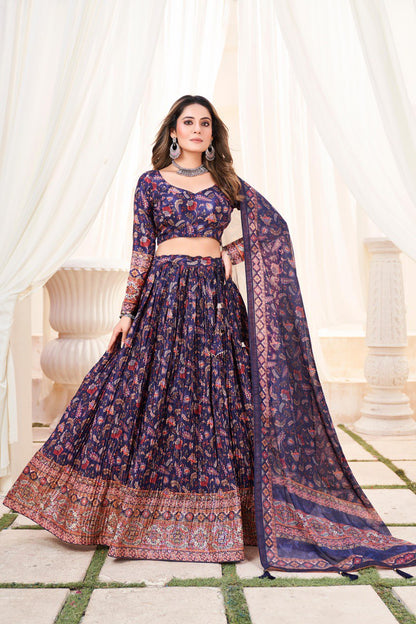 Navy Blue Chinon Lehenga Choli For Wedding