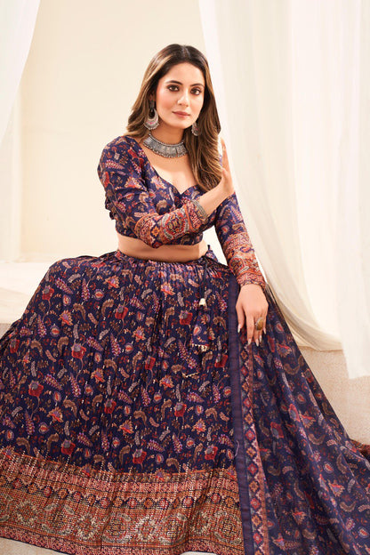 Navy Blue Chinon Lehenga Choli For Wedding