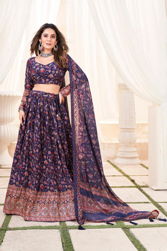 Navy Blue Chinon Lehenga Choli For Wedding