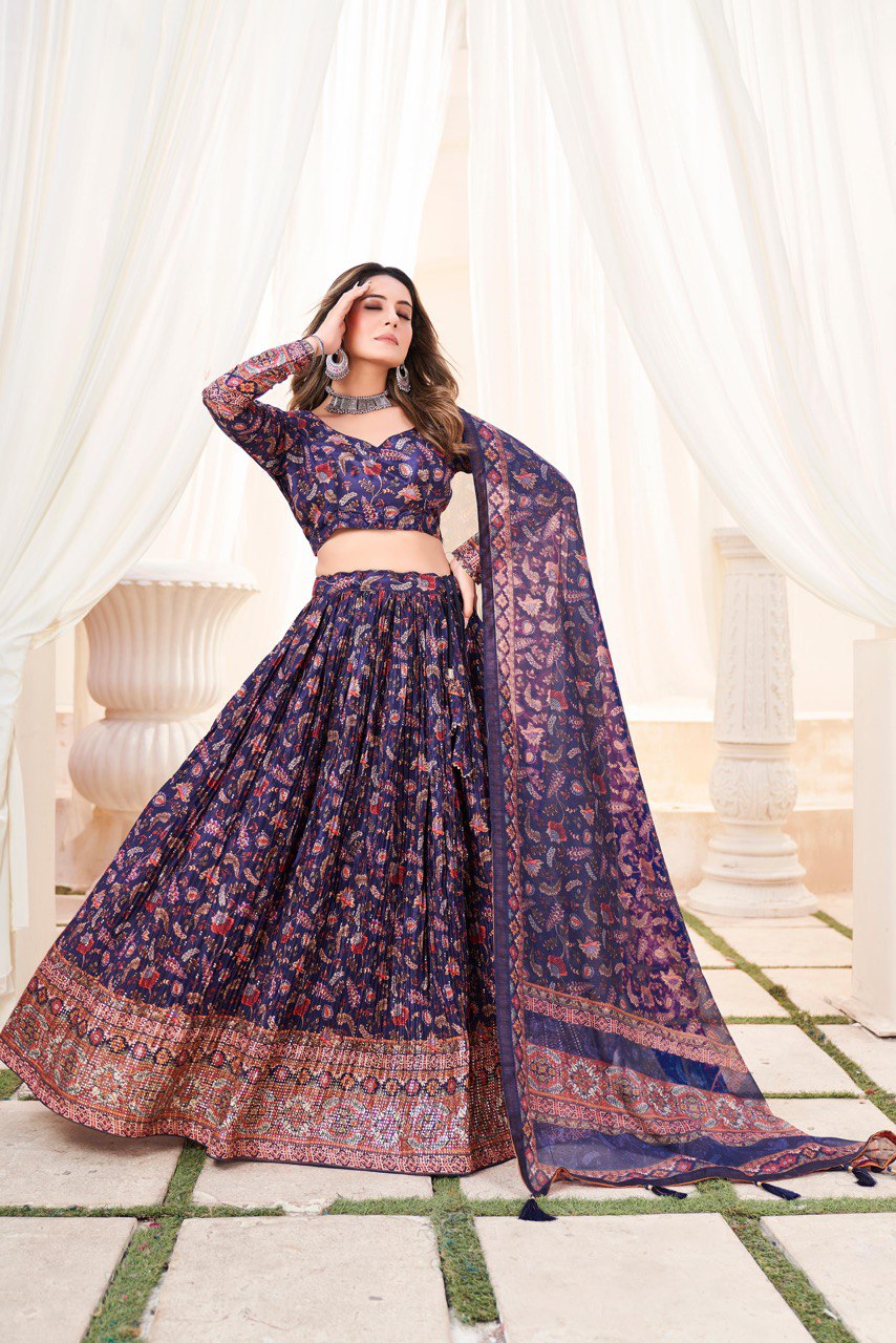 Navy Blue Chinon Lehenga Choli For Wedding