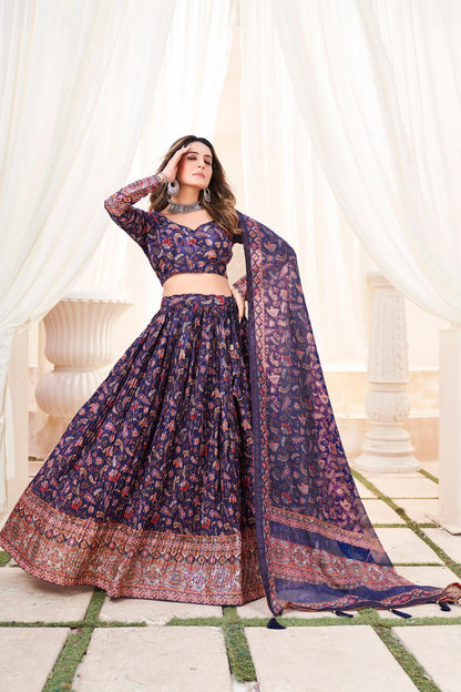 Navy Blue Chinon Lehenga Choli For Wedding