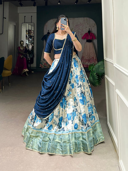 Navy Blue Floral Printed Dola Silk Lehenga