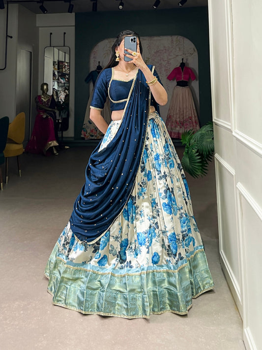 Navy Blue Floral Printed Dola Silk Lehenga