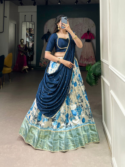 Navy Blue Floral Printed Dola Silk Lehenga