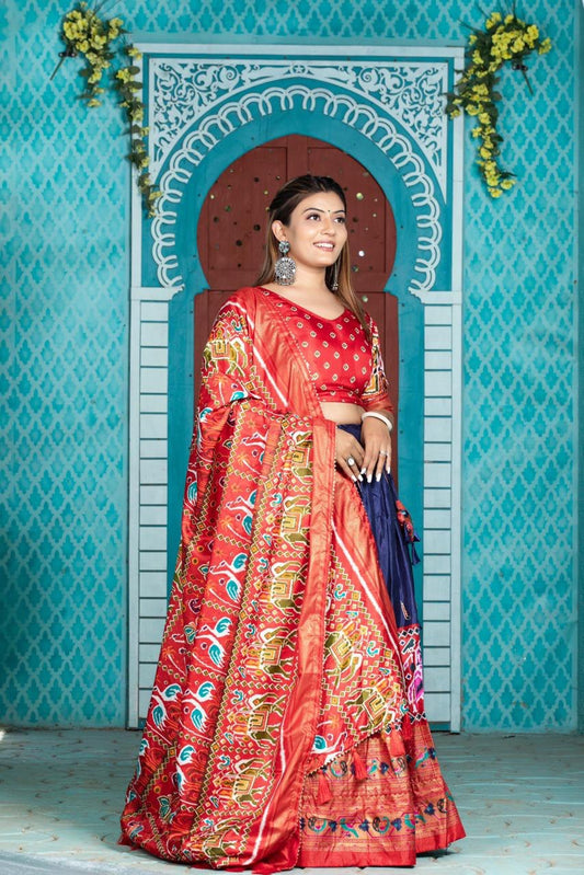 Navy Blue Paithani & Patola Printed Dola Silk Lehenga