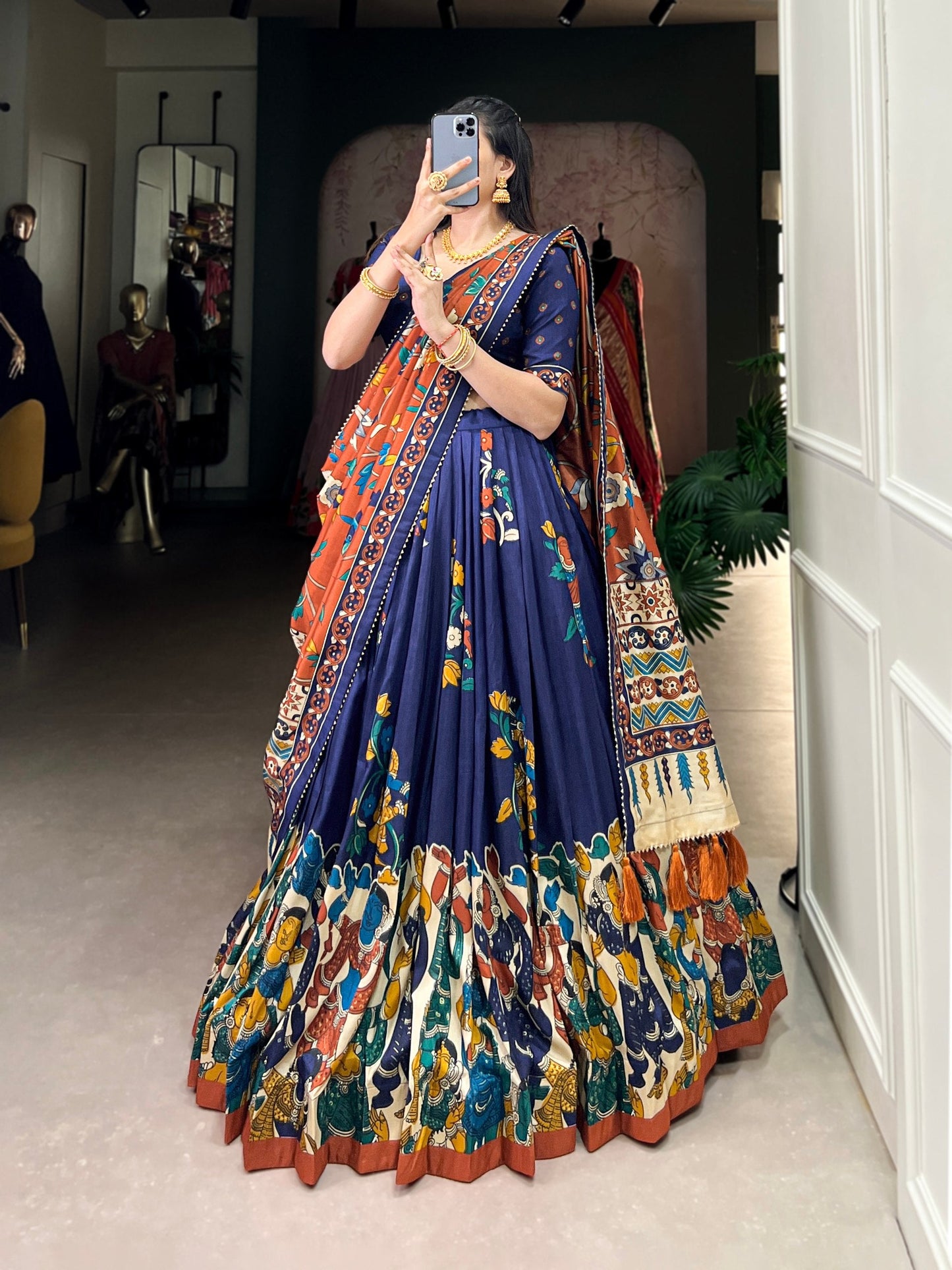 Navy Blue Traditional Tussar Silk Lehenga Choli