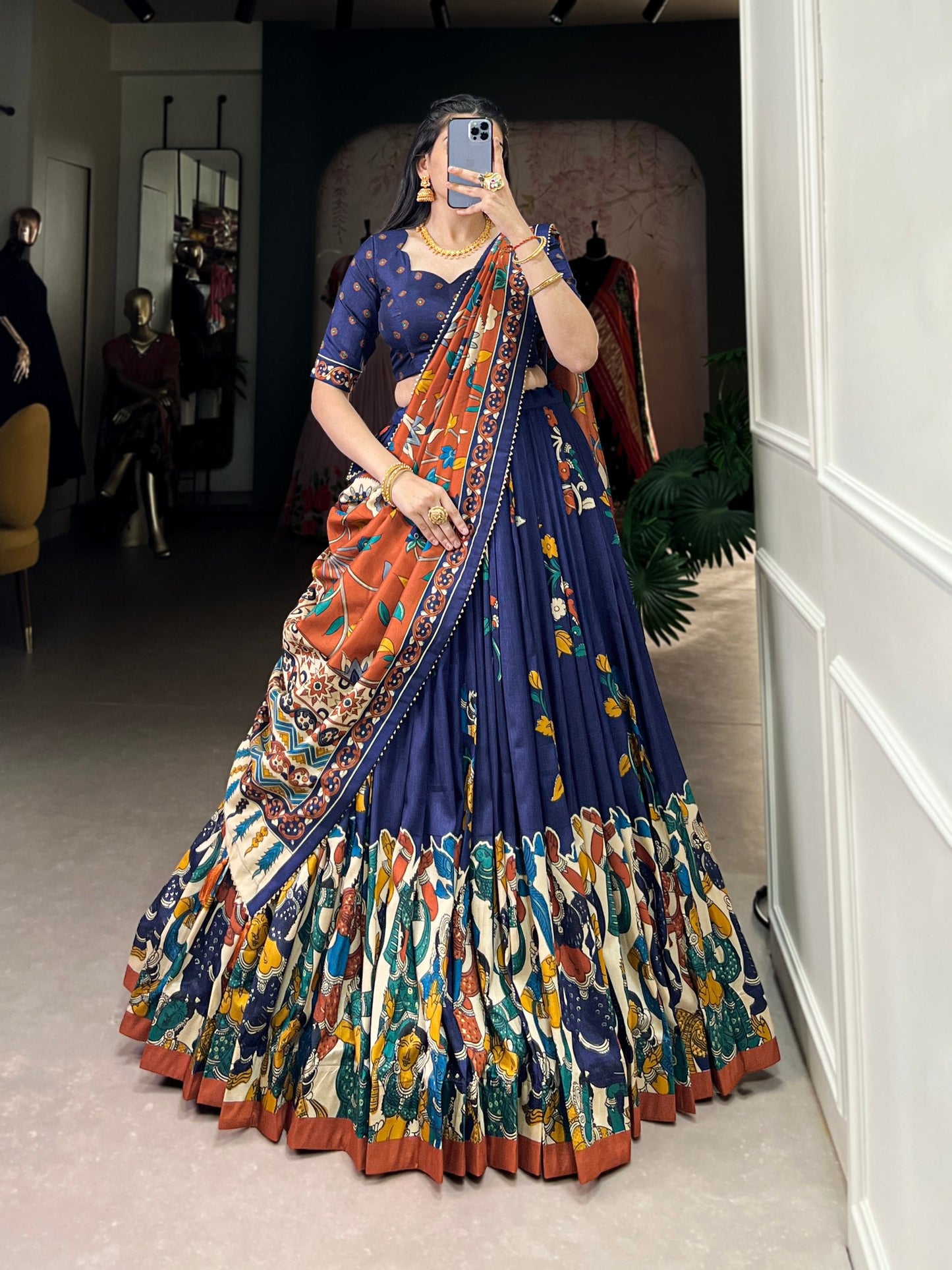 Navy Blue Traditional Tussar Silk Lehenga Choli