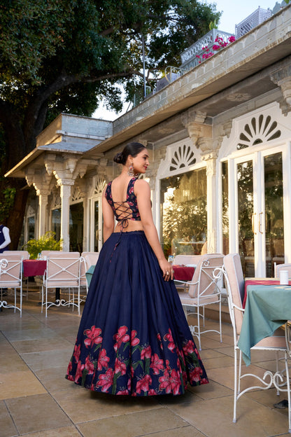 Navy Blue Tussar Silk Lehenga Choli For Wedding