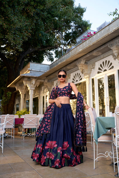 Navy Blue Tussar Silk Lehenga Choli For Wedding
