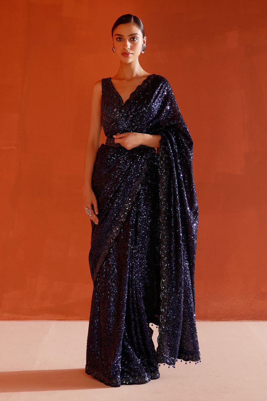 Navy Bollywood Sequence Worked Georgette Saree
