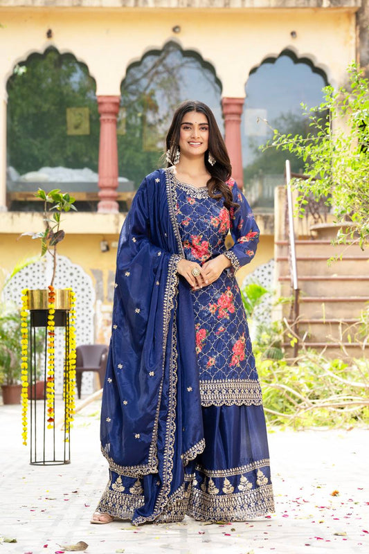 Navy Chinon Silk Designer Kurta Set