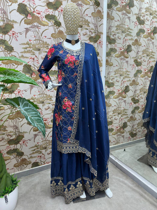 Navy Chinon Silk Designer Kurta Set
