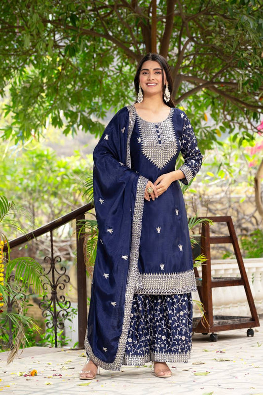 Navy Chinon Silk Designer Kurta Set