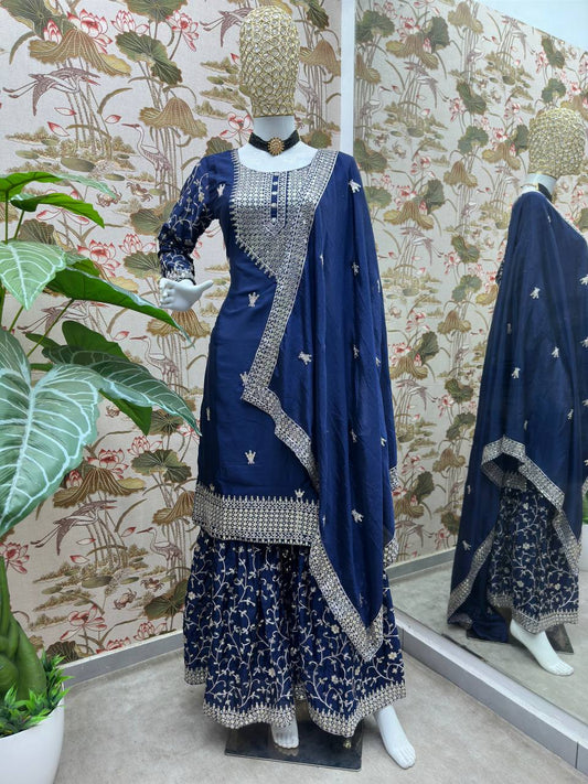 Navy Chinon Silk Designer Kurta Set