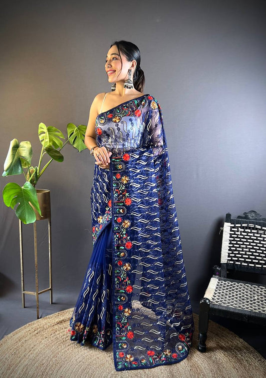 Navy Designer Butterfly Net Saree