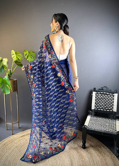 Navy Designer Butterfly Net Saree
