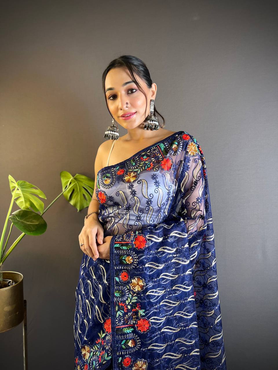 Navy Designer Butterfly Net Saree