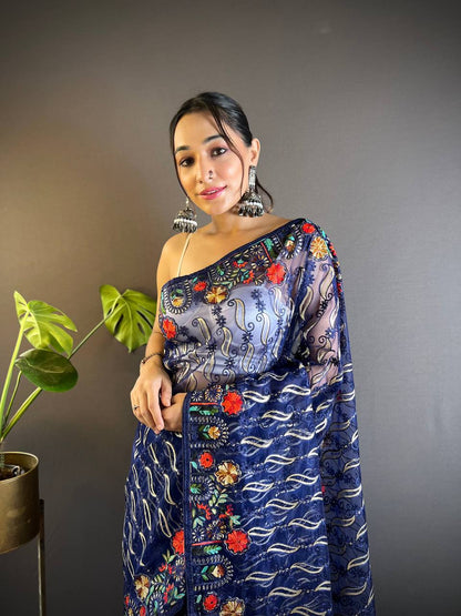 Navy Designer Butterfly Net Saree