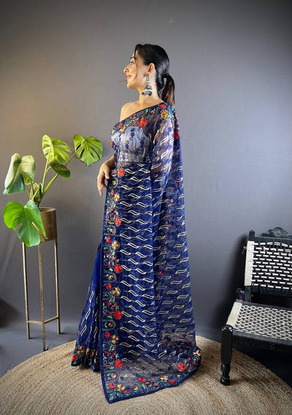 Navy Designer Butterfly Net Saree