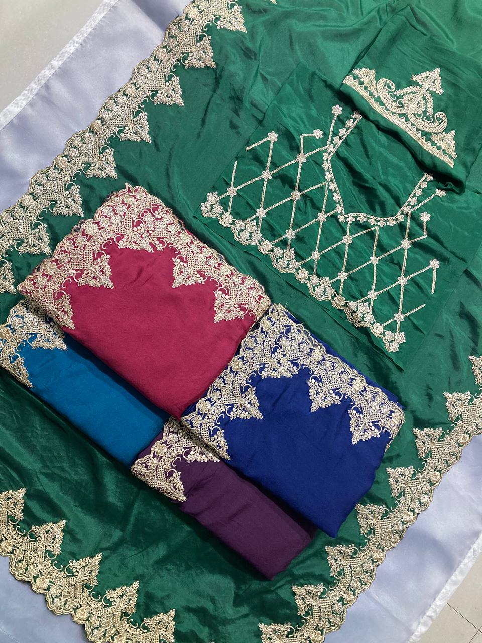 Navy Designer Chinon Silk Saree