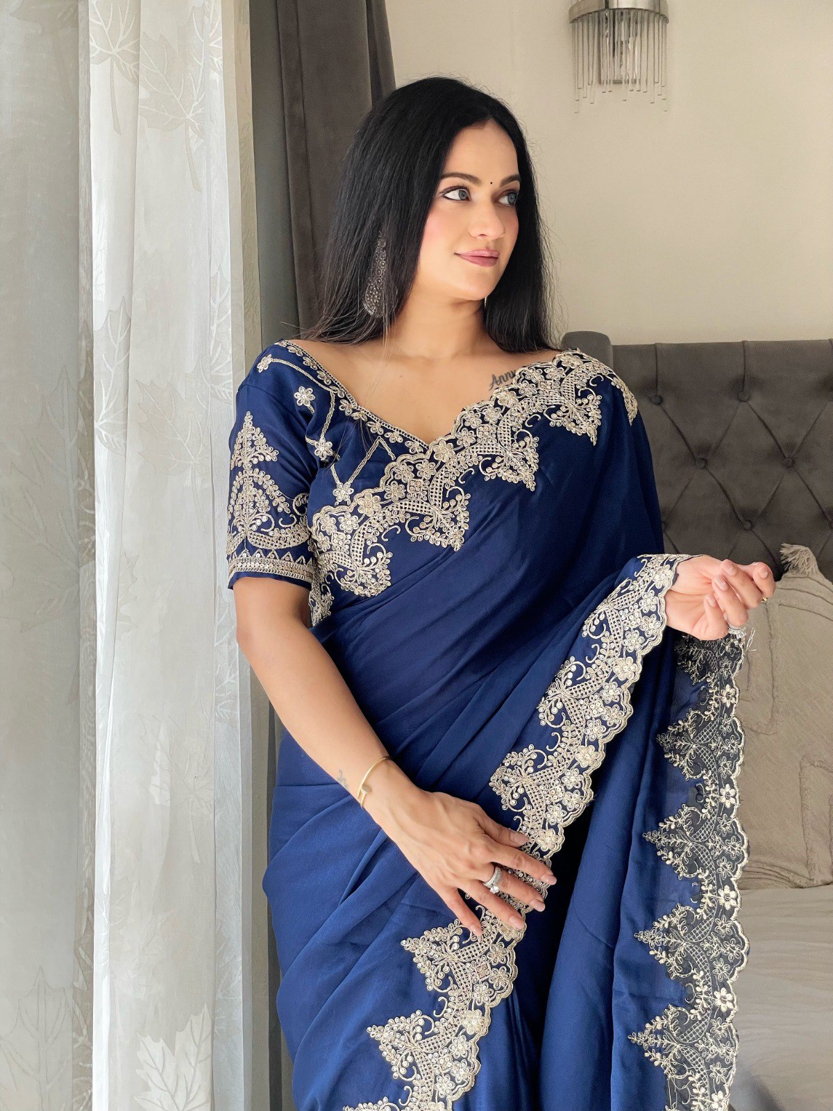 Navy Designer Chinon Silk Saree