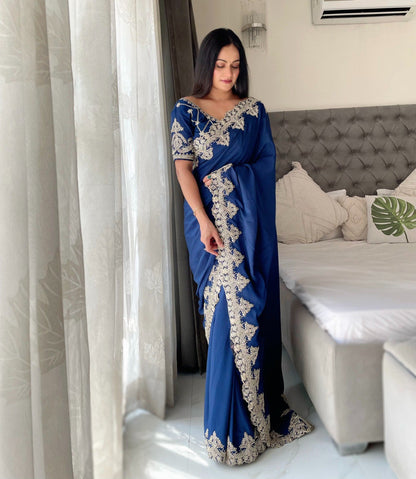 Navy Designer Chinon Silk Saree