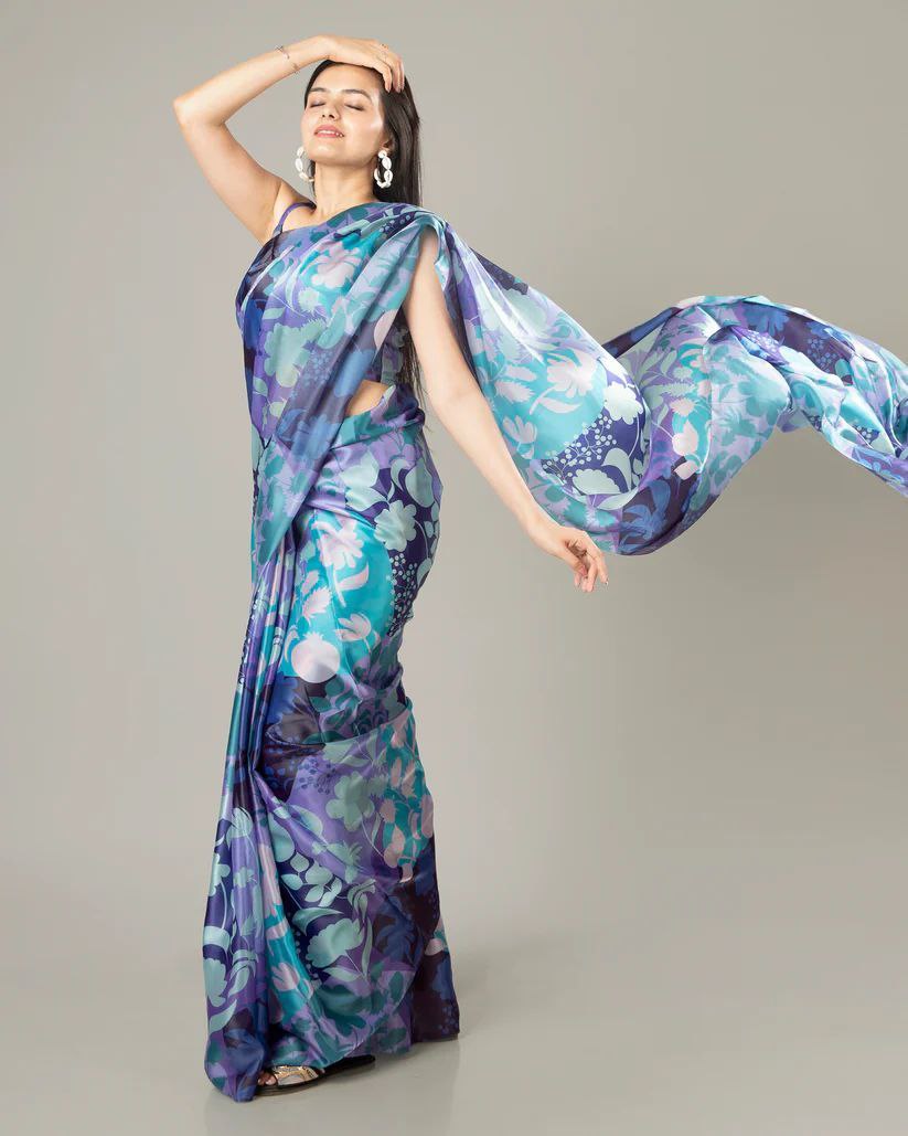 Navy Digital Printed Japan Satin Saree