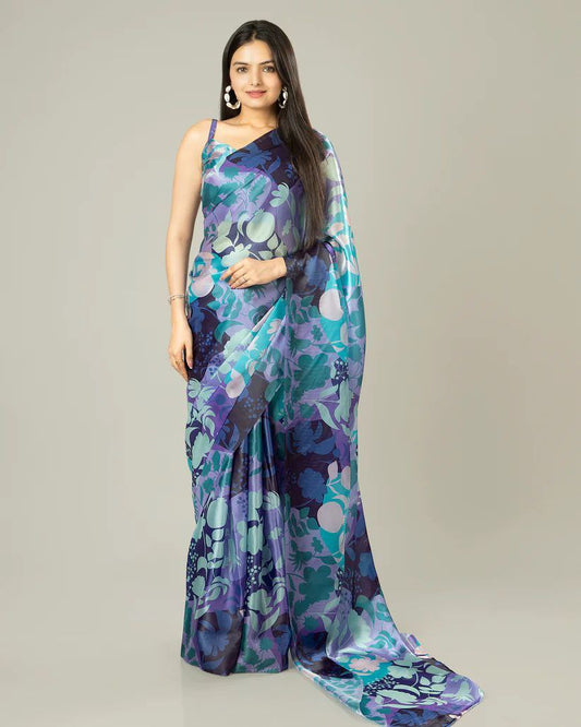 Navy Digital Printed Japan Satin Saree