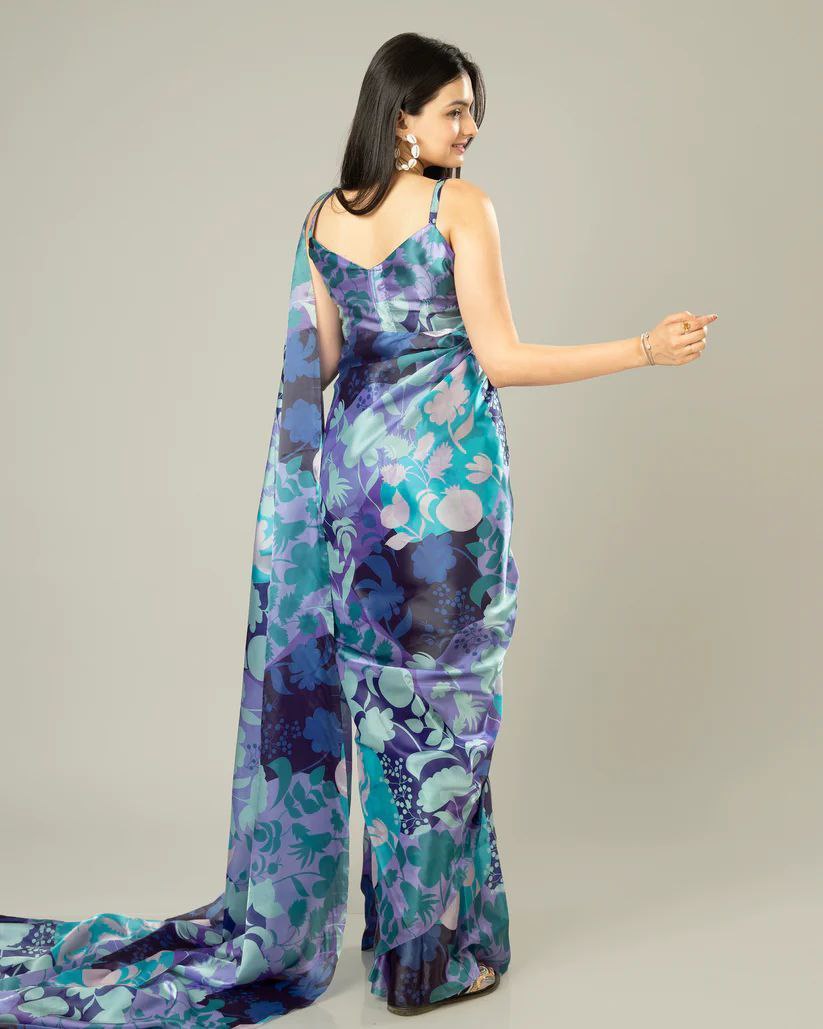 Navy Digital Printed Japan Satin Saree
