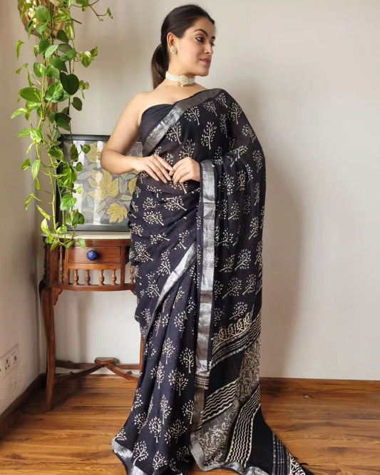 Black Digital Printed Linen Saree