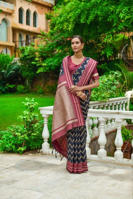 Navy Raw Silk Two Tone Weaving Saree