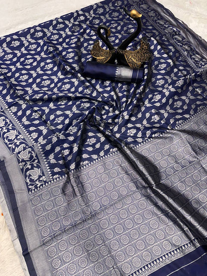 Navy Wedding Wear Lichi Silk Saree