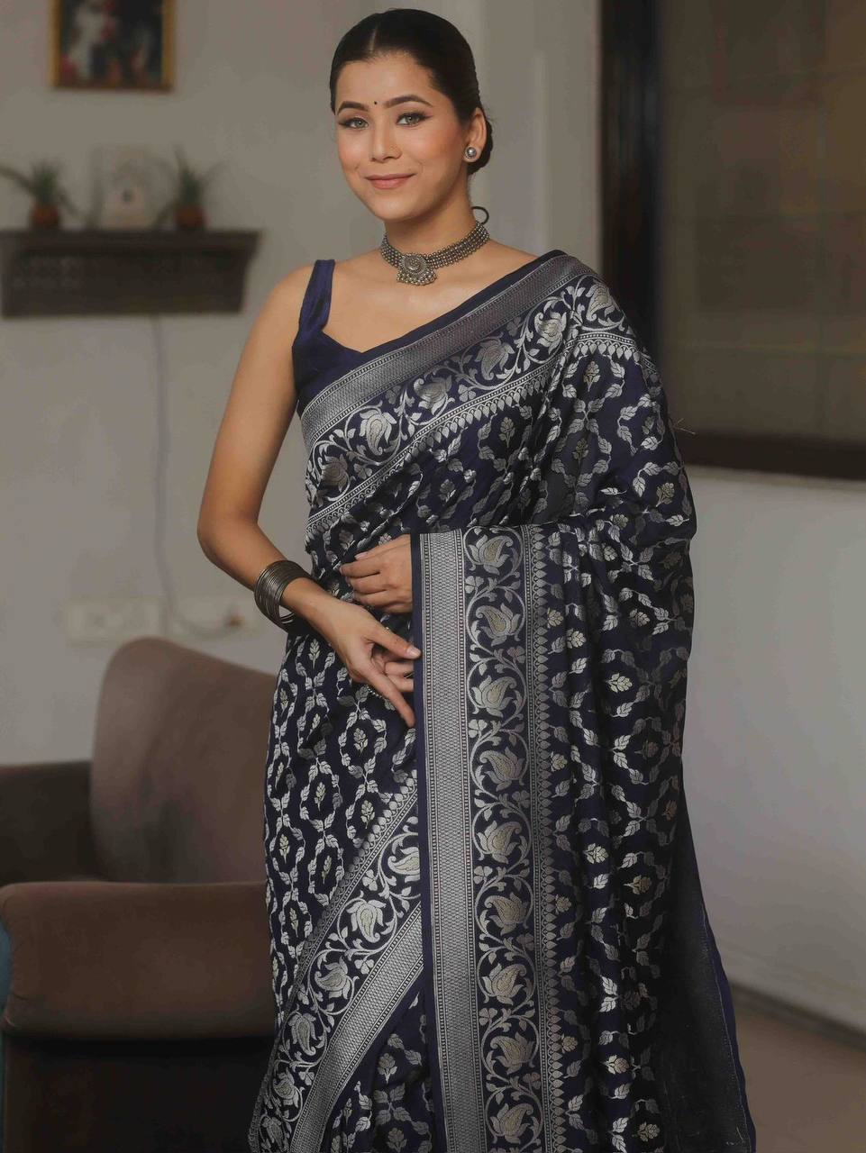 Navy Wedding Wear Lichi Silk Saree