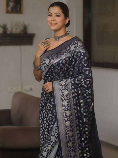 Navy Wedding Wear Lichi Silk Saree