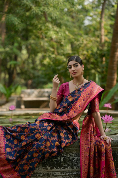 Navy Wedding Wear Pashmina Silk Saree