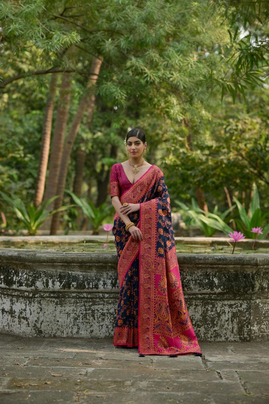 Navy Wedding Wear Pashmina Silk Saree