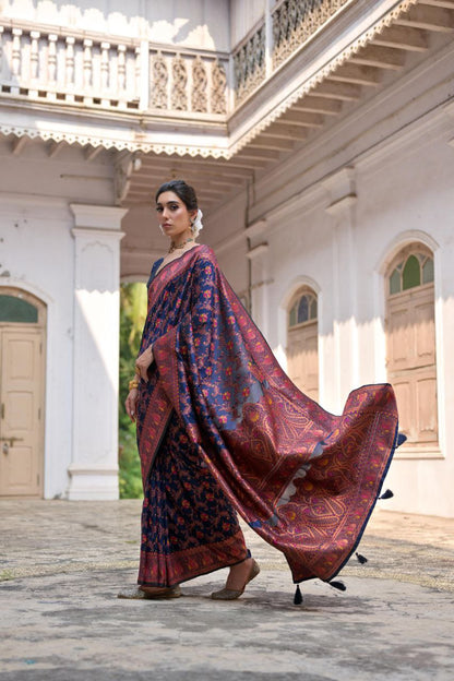 Navy Wedding Wear Pashmina Silk Saree