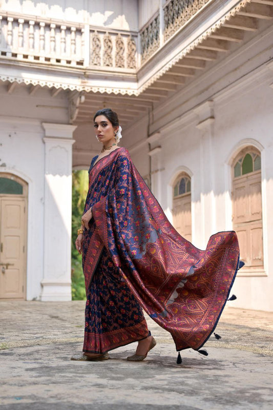 Navy Wedding Wear Pashmina Silk Saree
