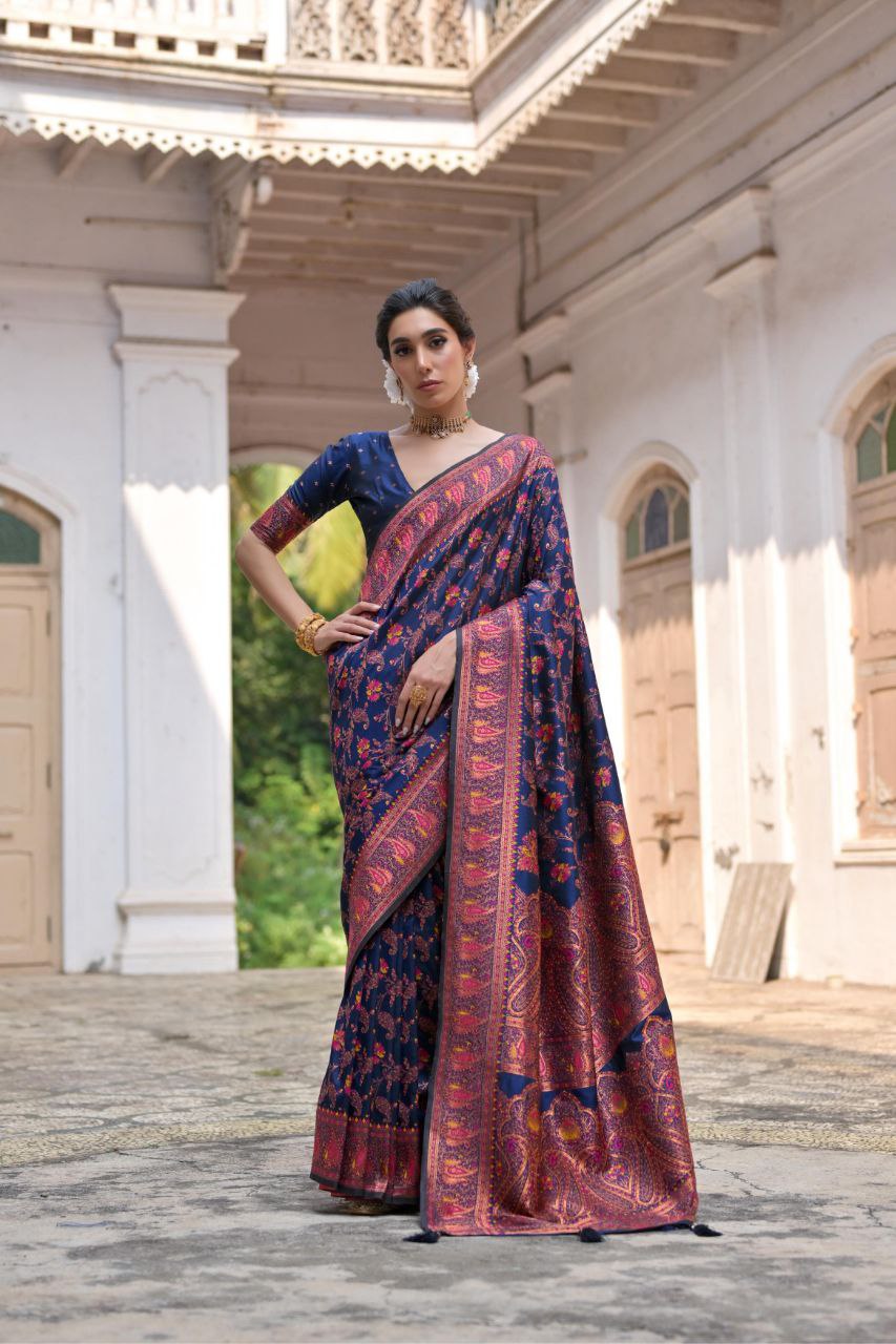 Navy Wedding Wear Pashmina Silk Saree