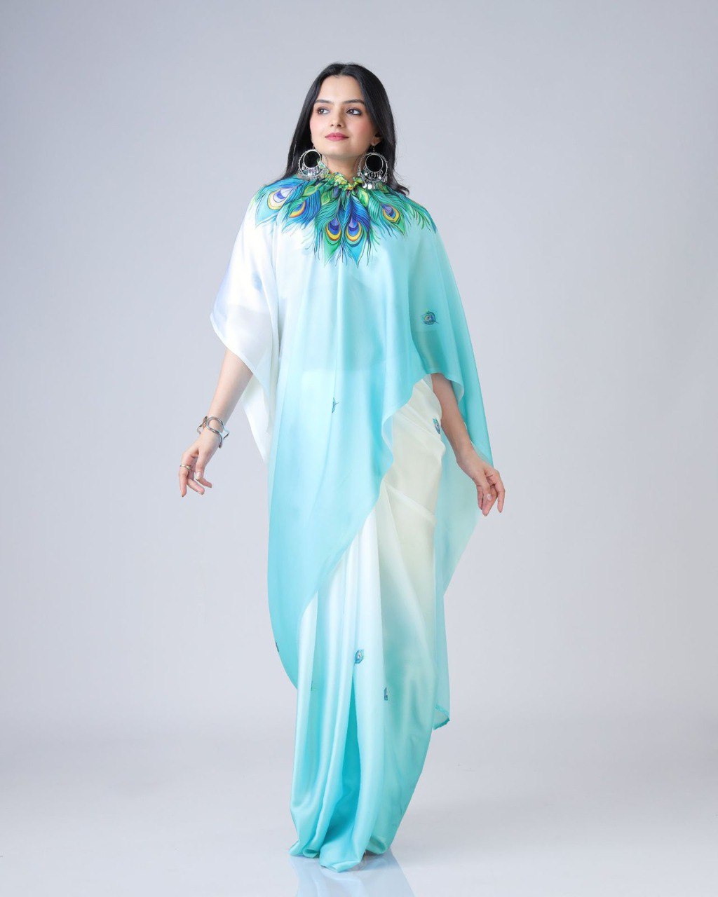 New Hands Free Satin Georgette Saree In Aqua Blue & White