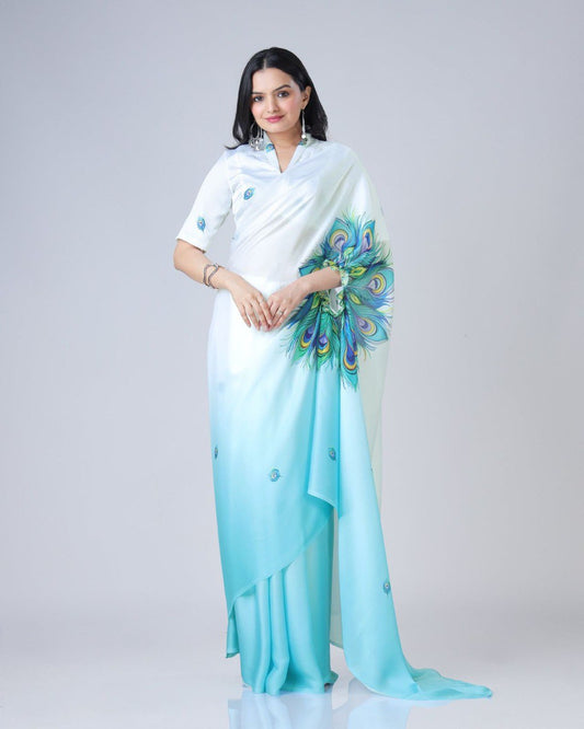 New Hands Free Satin Georgette Saree In Aqua Blue & White