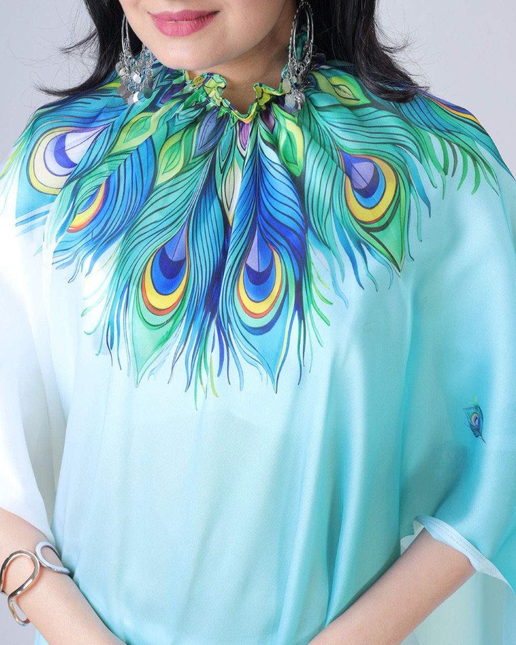 New Hands Free Satin Georgette Saree In Aqua Blue & White