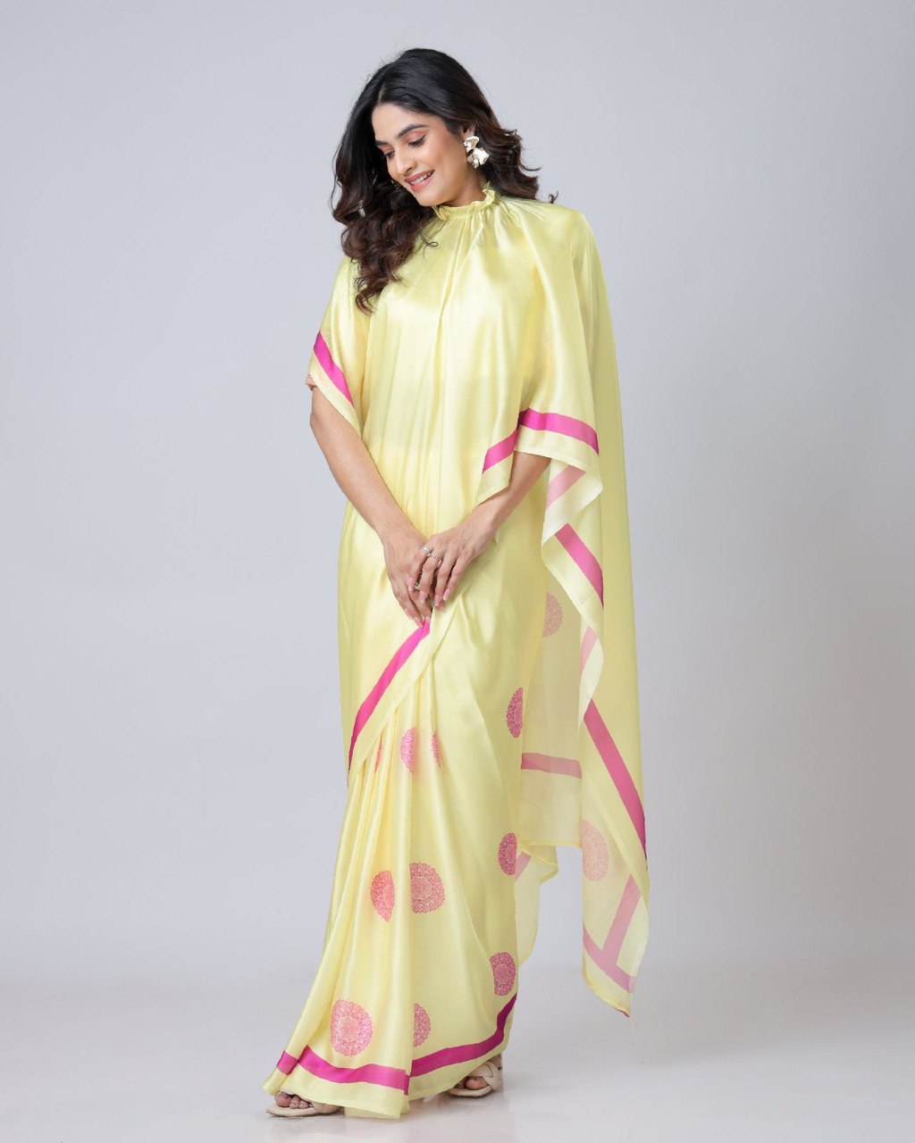 New Hands Free Satin Georgette Saree In Light Yellow